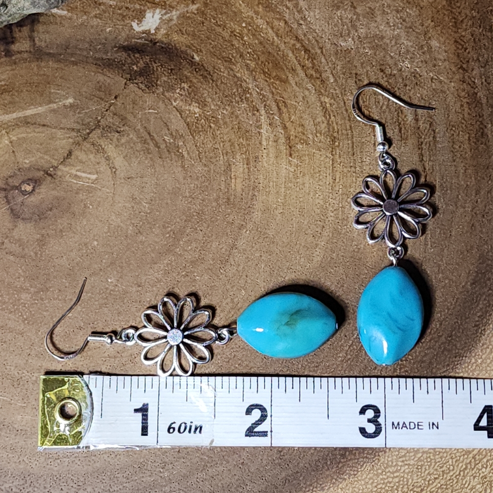 Hand Crafted Faux Turquoise and Silver Toned Floral Earrings - Picture 9 of 9